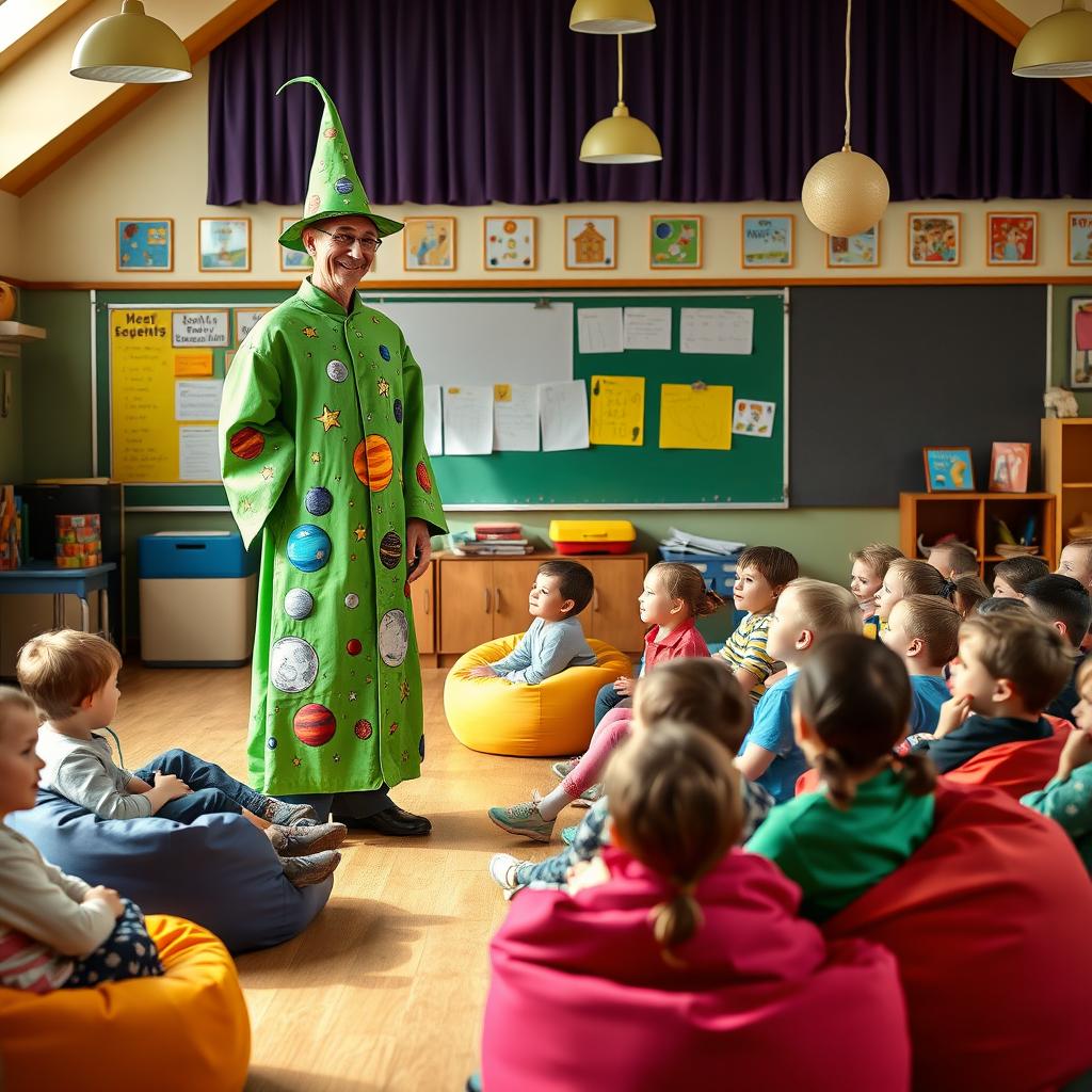 In a cheerful school classroom, students aged eight and nine are seated on colorful beanbag chairs, their faces showing excitement and curiosity