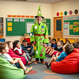 In a cheerful school classroom, students aged eight and nine are seated on colorful beanbag chairs, their faces showing excitement and curiosity