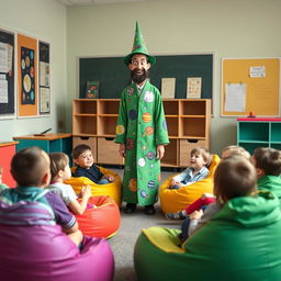 In a cheerful school classroom, students aged eight and nine are seated on colorful beanbag chairs, their faces showing excitement and curiosity