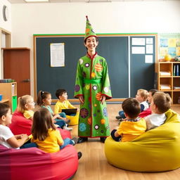 In a cheerful school classroom, students aged eight and nine are seated on colorful beanbag chairs, their faces showing excitement and curiosity