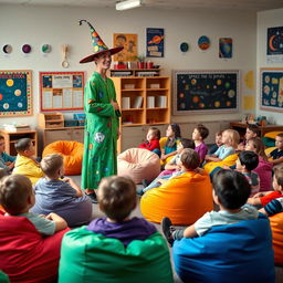 A vibrant school room filled with students aged eight and nine, comfortably seated on colorful beanbag chairs