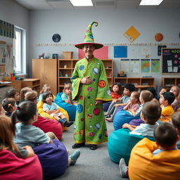 A vibrant school room filled with students aged eight and nine, comfortably seated on colorful beanbag chairs