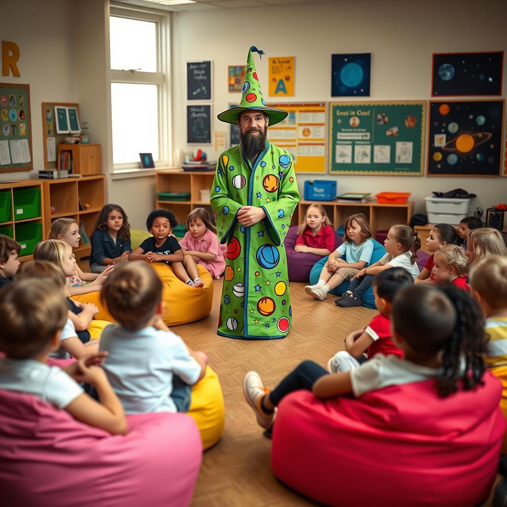 A vibrant school room filled with students aged eight and nine, comfortably seated on colorful beanbag chairs