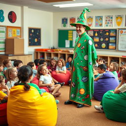 A vibrant school room filled with students aged eight and nine, comfortably seated on colorful beanbag chairs