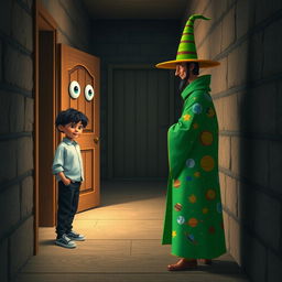 A surreal and imaginative scene featuring a 9-year-old boy with black hair, dressed in a stylish blouse, pants, and sneakers