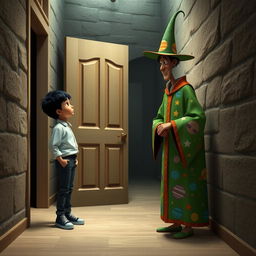 A surreal and imaginative scene featuring a 9-year-old boy with black hair, dressed in a stylish blouse, pants, and sneakers