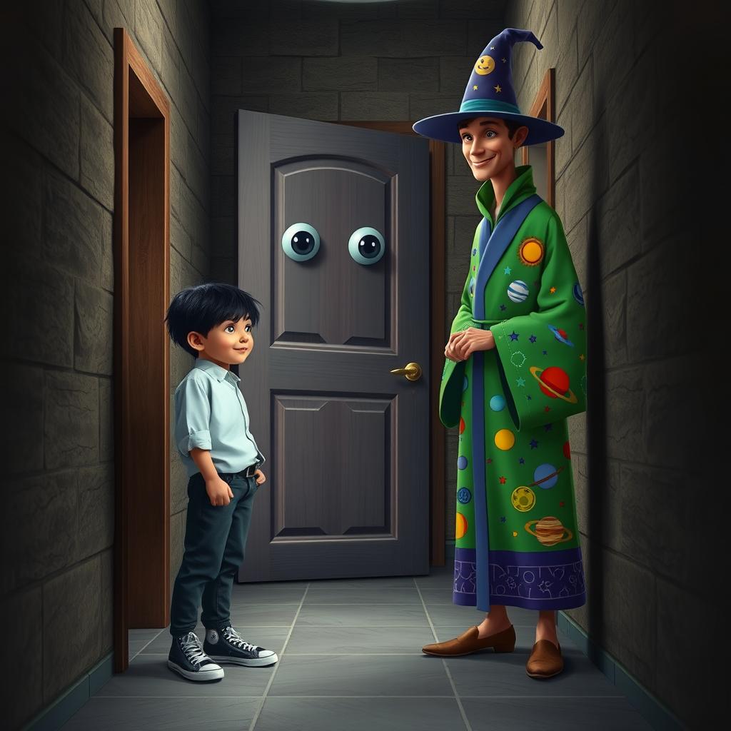 A surreal and imaginative scene featuring a 9-year-old boy with black hair, dressed in a stylish blouse, pants, and sneakers