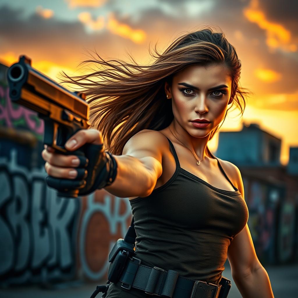 A fierce and confident young woman wielding a sleek modern handgun, standing in a dynamic pose, set against an urban backdrop with graffiti and a dramatic sunset sky