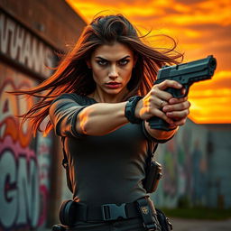 A fierce and confident young woman wielding a sleek modern handgun, standing in a dynamic pose, set against an urban backdrop with graffiti and a dramatic sunset sky