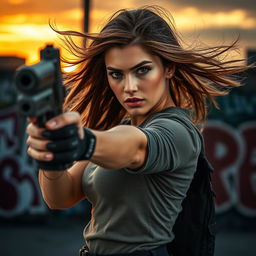 A fierce and confident young woman wielding a sleek modern handgun, standing in a dynamic pose, set against an urban backdrop with graffiti and a dramatic sunset sky