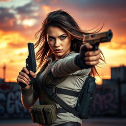 A fierce and confident young woman wielding a sleek modern handgun, standing in a dynamic pose, set against an urban backdrop with graffiti and a dramatic sunset sky