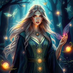 A beautiful and enchanting female sorceress in a mystical forest, wearing elegant flowing robes adorned with intricate magical symbols