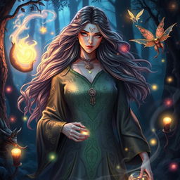 A beautiful and enchanting female sorceress in a mystical forest, wearing elegant flowing robes adorned with intricate magical symbols