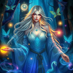 A beautiful and enchanting female sorceress in a mystical forest, wearing elegant flowing robes adorned with intricate magical symbols