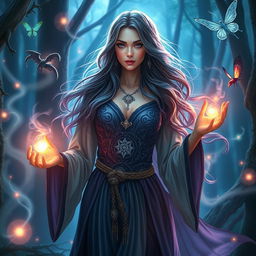 A beautiful and enchanting female sorceress in a mystical forest, wearing elegant flowing robes adorned with intricate magical symbols