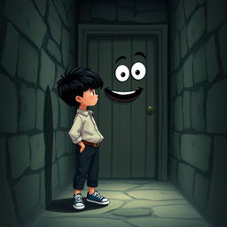 A whimsical scene featuring a 9-year-old boy with black hair, dressed in a stylish blouse, pants, and sneakers