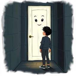 A whimsical scene featuring a 9-year-old boy with black hair, dressed in a stylish blouse, pants, and sneakers