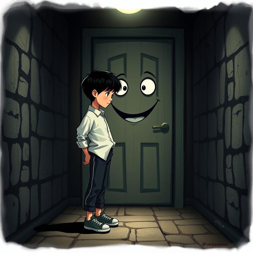 A whimsical scene featuring a 9-year-old boy with black hair, dressed in a stylish blouse, pants, and sneakers