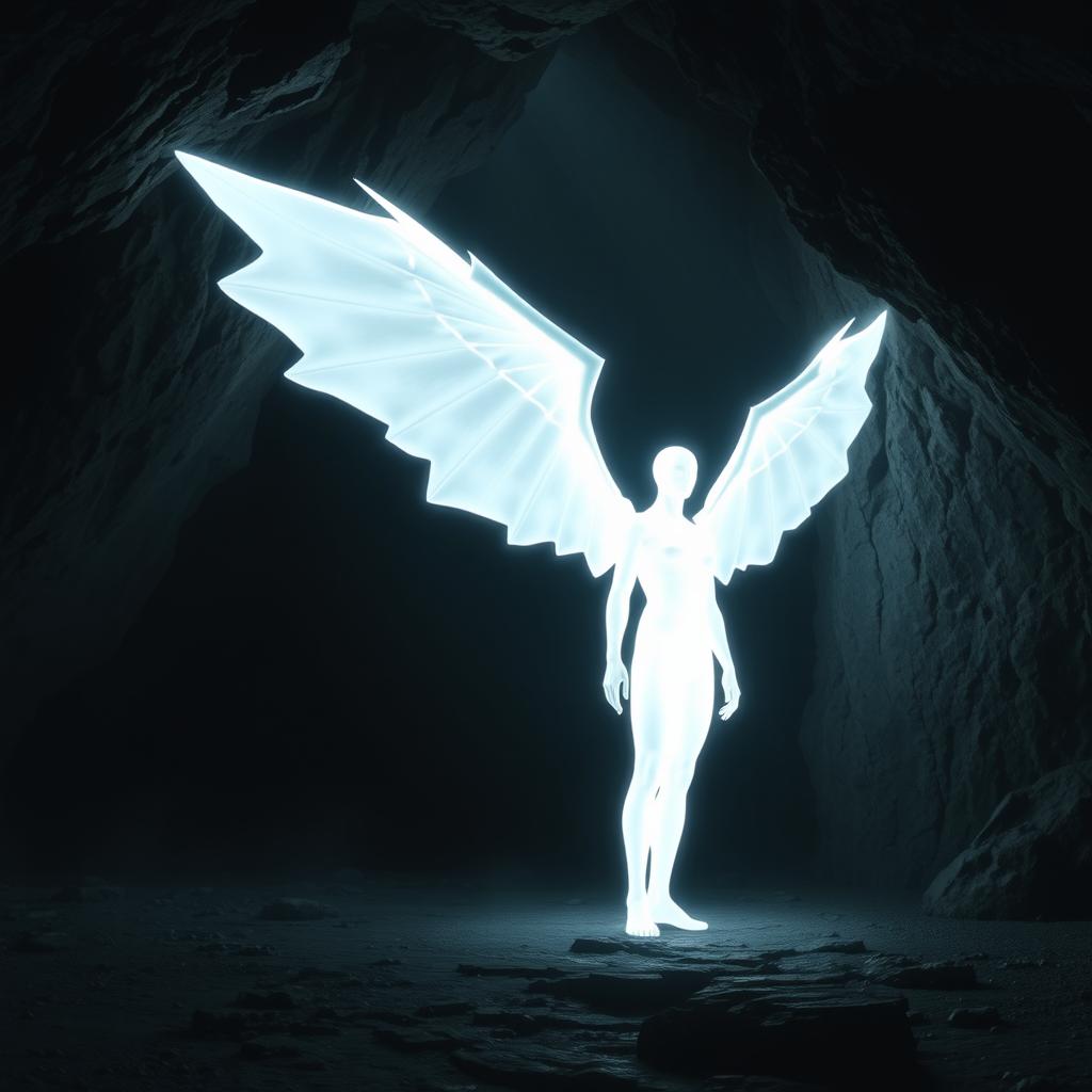 A bright white glowing human figure standing in a dark cave, with no other details visible on the human, and large, bright white glowing wings extending majestically from their back