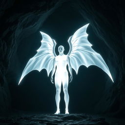 A bright white glowing human figure standing in a dark cave, with no other details visible on the human, and large, bright white glowing wings extending majestically from their back