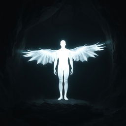 A bright white glowing human figure standing in a dark cave, with no other details visible on the human, and large, bright white glowing wings extending majestically from their back