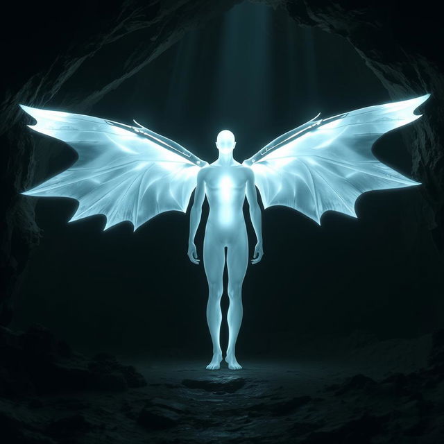 A bright white glowing human figure standing in a dark cave, with no other details visible on the human, and large, bright white glowing wings extending majestically from their back