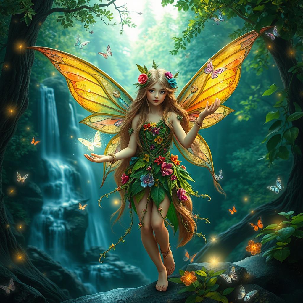 A captivating scene of a forest fairy with vibrant, colorful wings, dressed in an enchanting outfit made of leaves and flowers