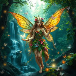 A captivating scene of a forest fairy with vibrant, colorful wings, dressed in an enchanting outfit made of leaves and flowers