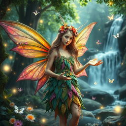 A captivating scene of a forest fairy with vibrant, colorful wings, dressed in an enchanting outfit made of leaves and flowers