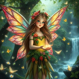 A captivating scene of a forest fairy with vibrant, colorful wings, dressed in an enchanting outfit made of leaves and flowers