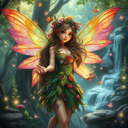 A captivating scene of a forest fairy with vibrant, colorful wings, dressed in an enchanting outfit made of leaves and flowers