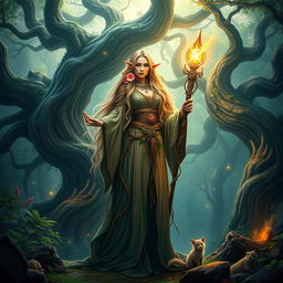 A mystical scene featuring a powerful female sorcerer standing proudly in a lush, enchanted forest