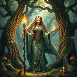 A mystical scene featuring a powerful female sorcerer standing proudly in a lush, enchanted forest