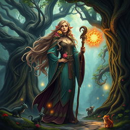 A mystical scene featuring a powerful female sorcerer standing proudly in a lush, enchanted forest