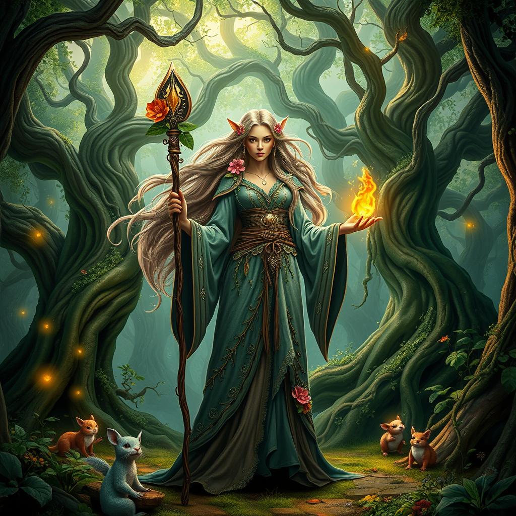 A mystical scene featuring a powerful female sorcerer standing proudly in a lush, enchanted forest