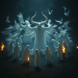 A mystical scene depicting numerous ethereal white ghosts gracefully circling a central giant white ghost adorned with majestic horns