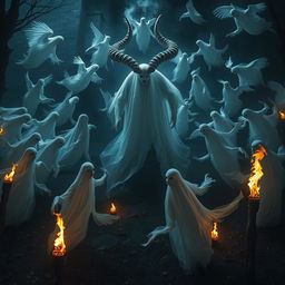 A mystical scene depicting numerous ethereal white ghosts gracefully circling a central giant white ghost adorned with majestic horns