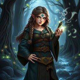 A powerful female dwarf sorceress standing confidently in a mystical forest, wearing intricately designed robes adorned with ancient runes and symbols