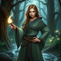 A powerful female dwarf sorceress standing confidently in a mystical forest, wearing intricately designed robes adorned with ancient runes and symbols