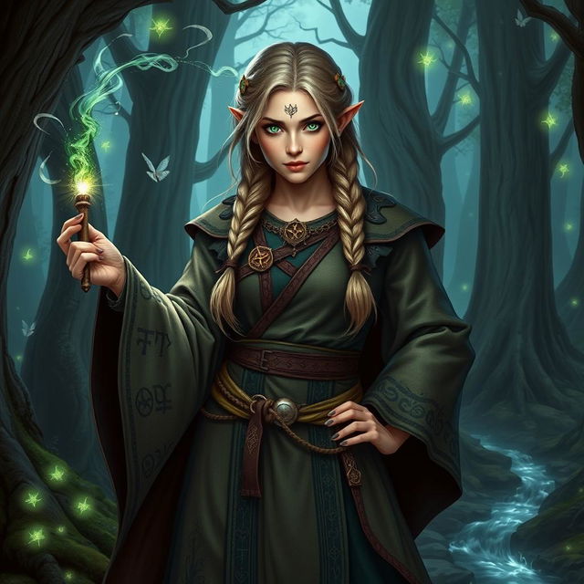 A powerful female dwarf sorceress standing confidently in a mystical forest, wearing intricately designed robes adorned with ancient runes and symbols