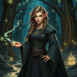 A powerful female dwarf sorceress standing confidently in a mystical forest, wearing intricately designed robes adorned with ancient runes and symbols