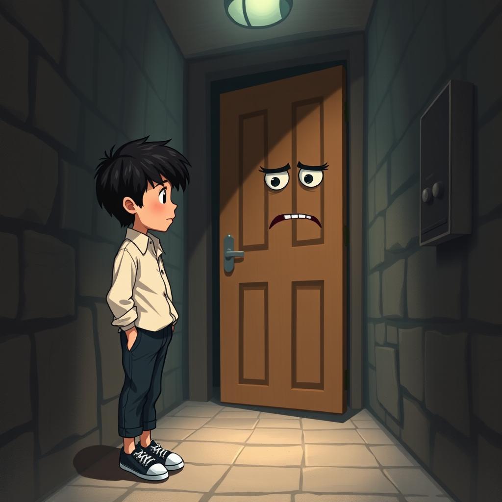 A whimsical scene depicting a 9-year-old boy with black hair, dressed in a stylish blouse, pants, and sneakers