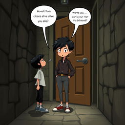 A whimsical scene depicting a 9-year-old boy with black hair, dressed in a stylish blouse, pants, and sneakers