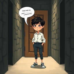 A whimsical scene depicting a 9-year-old boy with black hair, dressed in a stylish blouse, pants, and sneakers