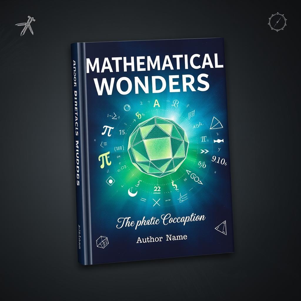 An eye-catching book cover design themed around mathematics, prominently featuring a variety of mathematical symbols such as pi, infinity, and equations swirling around a central image of a geometric shape like a dodecahedron