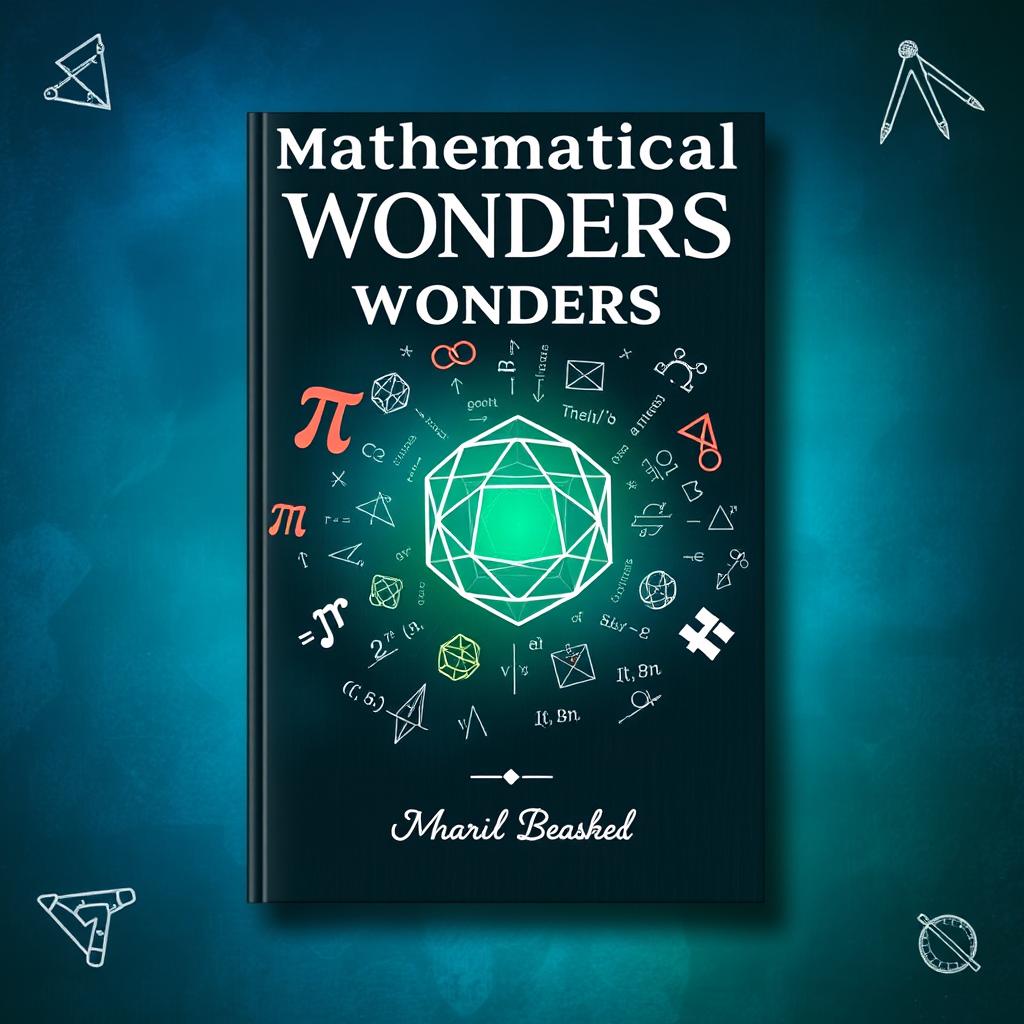 An eye-catching book cover design themed around mathematics, prominently featuring a variety of mathematical symbols such as pi, infinity, and equations swirling around a central image of a geometric shape like a dodecahedron