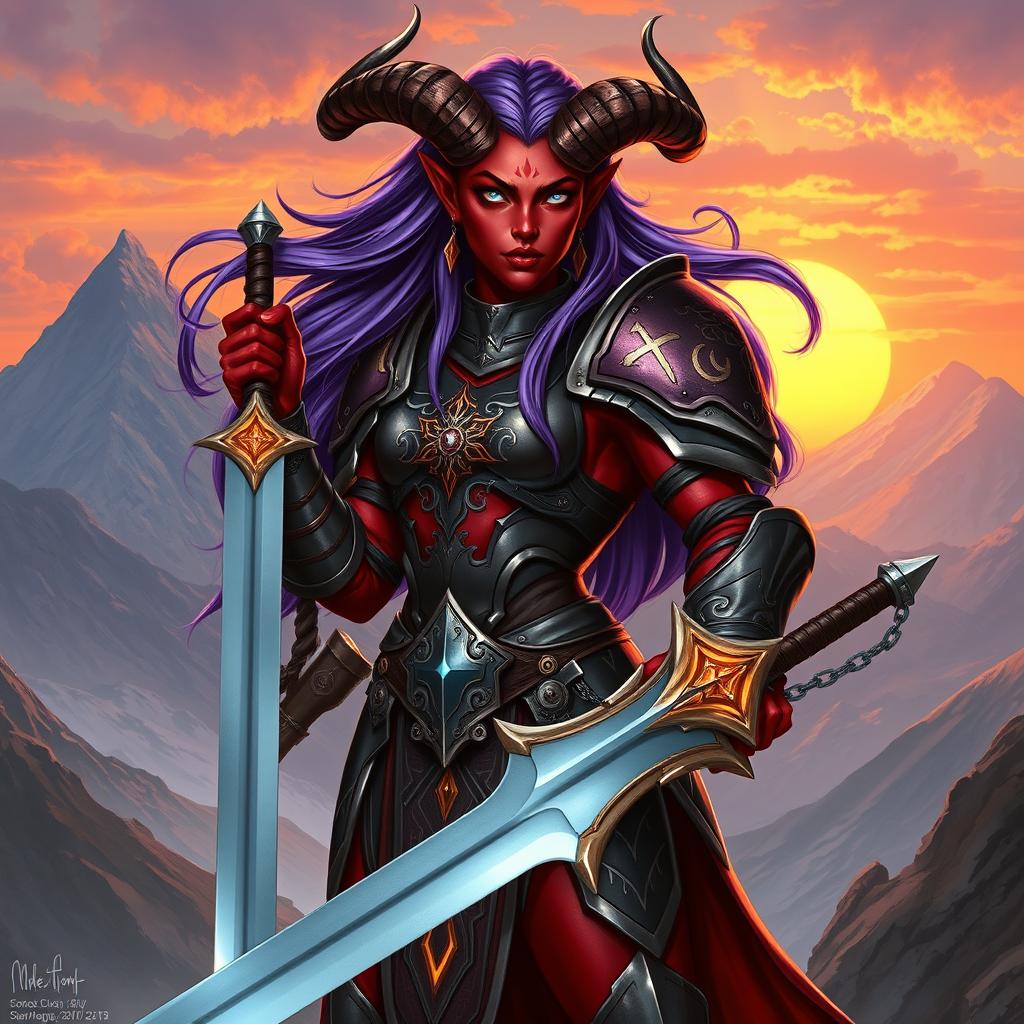 A powerful and striking female tiefling paladin in full armor, standing confidently with a gleaming sword in hand