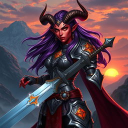 A powerful and striking female tiefling paladin in full armor, standing confidently with a gleaming sword in hand