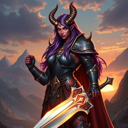 A powerful and striking female tiefling paladin in full armor, standing confidently with a gleaming sword in hand