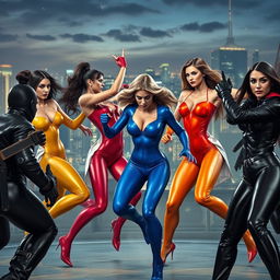 A dynamic scene depicting superheroines wearing sleek, shiny latex catsuits in vibrant colors, engaged in an epic battle with villainesses clad in striking black leather outfits